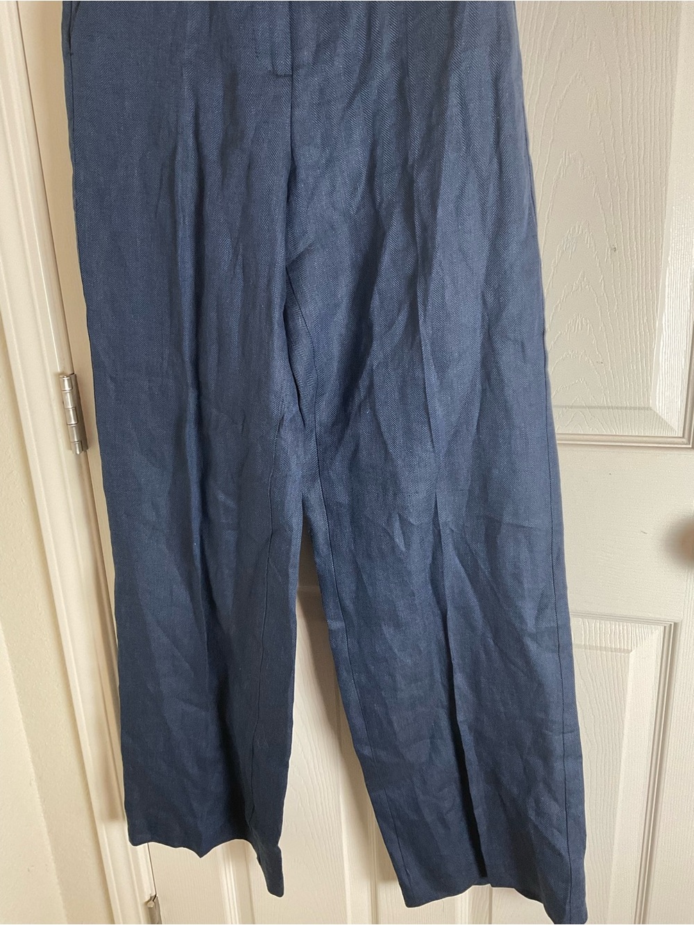 Zara Navy Blue Herringbone Linen Wide Leg Pants S - Picture 3 of 11
